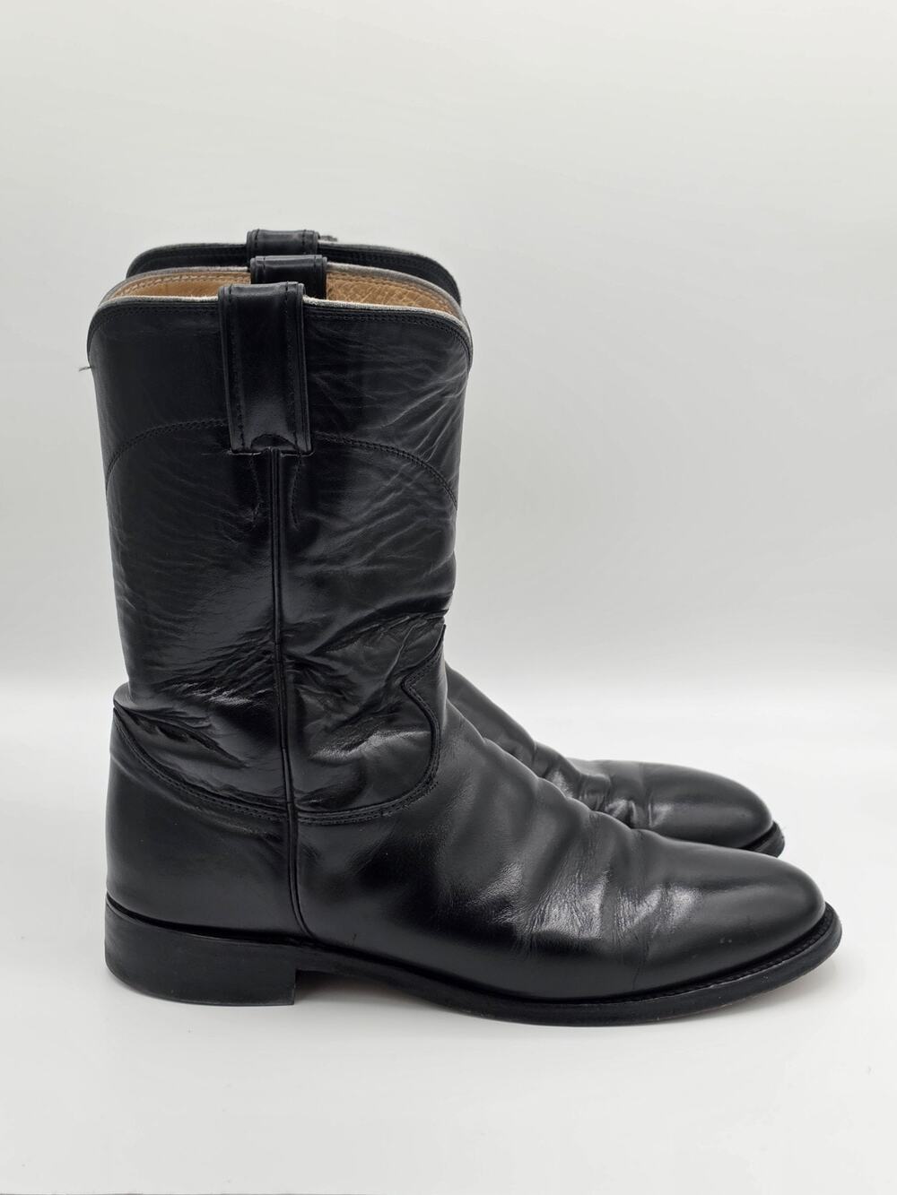 Vintage Justin Cowboy Boots Mens 9 D Black Leather Western Roper Leather Sole